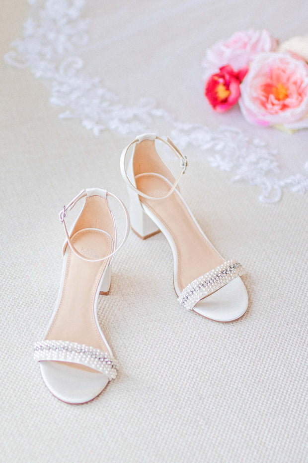 Women's Flat Bridal Shoes With Ankle Pearl Low Heel Wedding